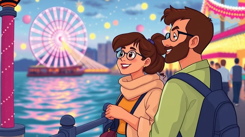 A couple wearing glasses and casual clothing stands on a waterfront promenade at night, looking out at a brightly lit Ferris wheel and sparkling water, with festive lights and a crowd in the background.