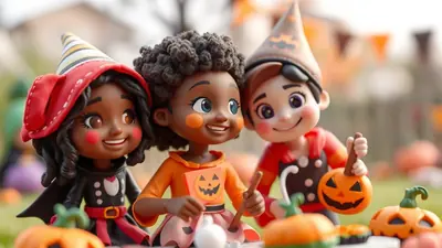 Three cartoon children in Halloween costumes smile at the camera, surrounded by pumpkins and Halloween decorations.