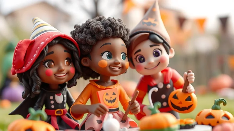 Three cartoon children in Halloween costumes smile at the camera, surrounded by pumpkins and Halloween decorations.
