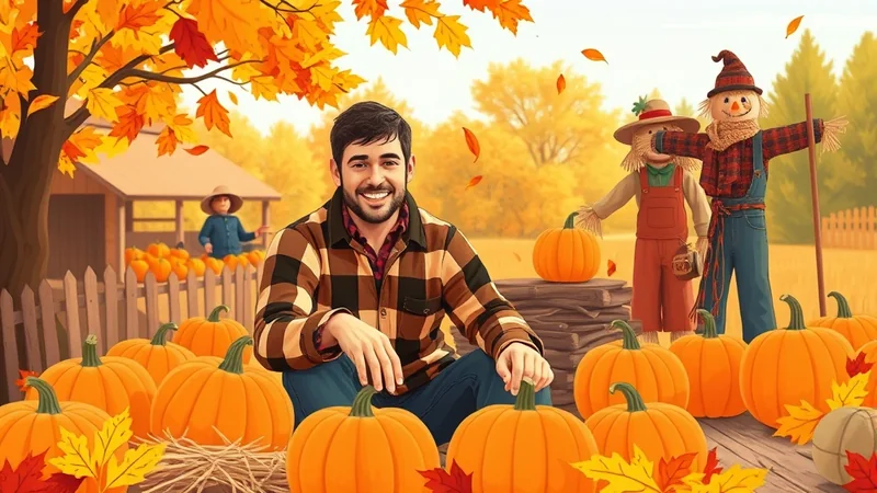 A smiling man in a plaid shirt sits among a pile of pumpkins in a field with two scarecrows and a small barn in the background, under a tree with autumn leaves.