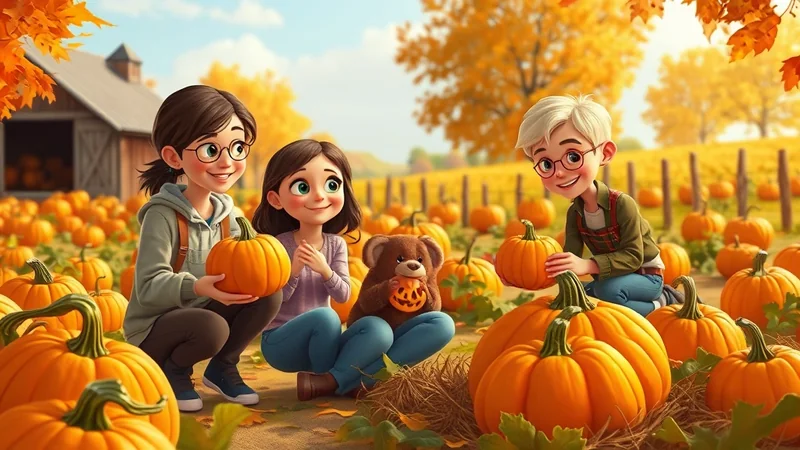 Three cartoon children and a teddy bear are in a pumpkin patch on a sunny autumn day, surrounded by many pumpkins and colorful fall foliage. One child holds a pumpkin, another is petting the teddy bear which holds a carved jack-o'-lantern, and the third child is reaching for a pumpkin.