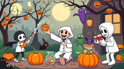 A group of cute, stylized characters celebrate Halloween in a whimsical outdoor scene. A character in a white hooded costume holds a pumpkin, another in a white coat plays a lute, and a third holds a festive drink. They are surrounded by pumpkins, friendly monsters, and spooky decorations under a large moon.