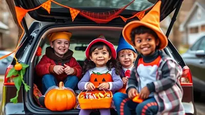 Four smiling children in Halloween costumes sit in the open trunk of a car decorated with orange and black bunting and a pumpkin. The children are dressed as a wizard, a pumpkin, a gnome, and a plaid-clad character, and they are holding candy and a pumpkin.