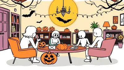 Four stick figures are gathered around a table in a room decorated for Halloween with pumpkins, bats, and string lights. Two figures are sitting in chairs, and two are sitting at the table, which has several pumpkins and an envelope on it.