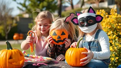 Three young girls are sitting outdoors, engaged in a Halloween craft activity. The girl on the left holds colorful candy strings, the middle girl holds a small pumpkin with a carved jack-o'-lantern face, and the girl on the right wears a black cat mask and holds a pumpkin. They are surrounded by pumpkins and craft supplies, suggesting a festive and fun Halloween atmosphere.