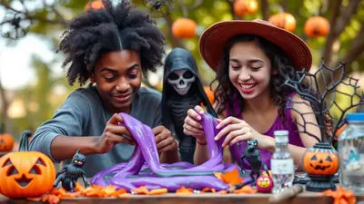 Two children, a boy and a girl, are playing with purple slime outdoors, surrounded by Halloween decorations like pumpkins and a skeleton figure. The scene has a festive and playful Halloween atmosphere.