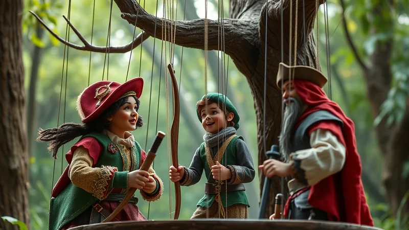 Three marionette puppets dressed in medieval-style costumes are performing outdoors, with two children holding bows and arrows and an older man with a beard.
