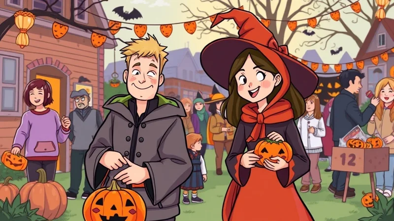 A group of people in Halloween costumes are trick-or-treating in a suburban neighborhood decorated with pumpkins and Halloween lights.
