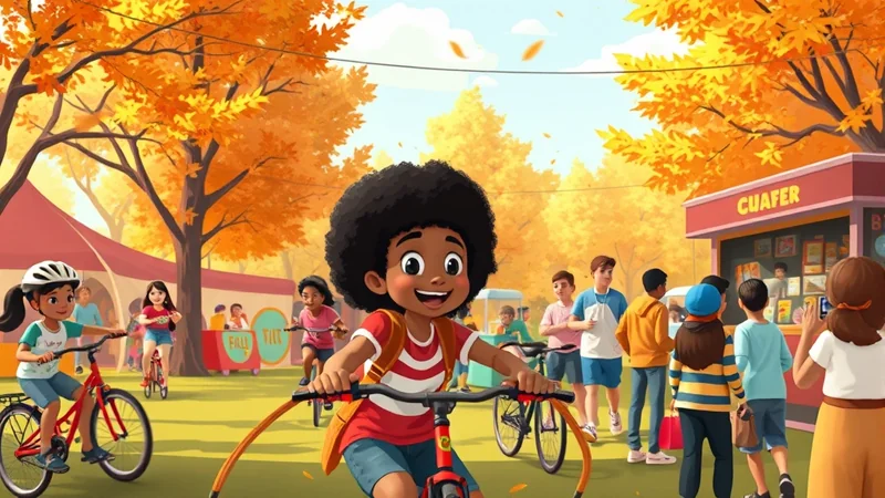 A group of diverse children are enjoying a sunny autumn day at a park, with colorful fall foliage overhead. Some children are riding bicycles, while others gather around a food stand. The scene is lively and cheerful, with a focus on the joy of outdoor activities.