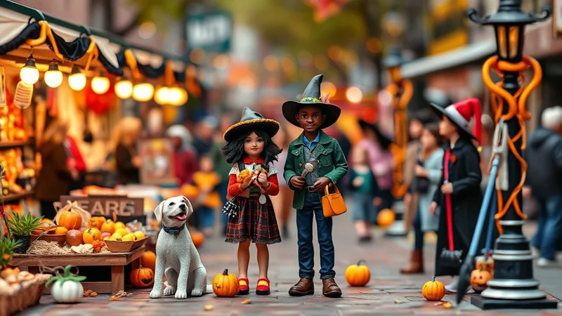 Two children dressed as witches, a white dog, and pumpkins are displayed on a street decorated for Halloween.