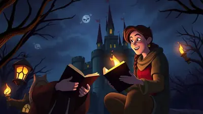 Two people are reading books in front of a castle at night, with a spooky moon and ghosts in the sky.