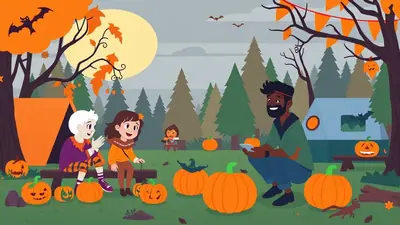 A man and two children are sitting in a forest clearing with pumpkins and tents, celebrating Halloween. The scene is festive with orange decorations and a large moon in the background.