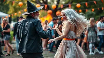 A man in a witch hat and a woman with long, flowing blonde hair are dancing at an outdoor Halloween party. They are both smiling and appear to be enjoying themselves, with other partygoers blurred in the background and Halloween decorations like orange lanterns visible.
