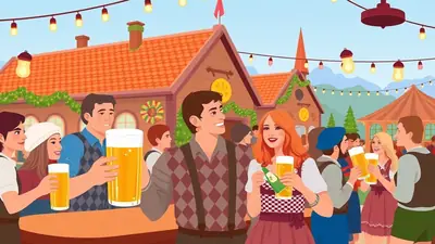 A group of people in traditional Bavarian clothing are celebrating at an outdoor festival, holding large glasses of beer and smiling.