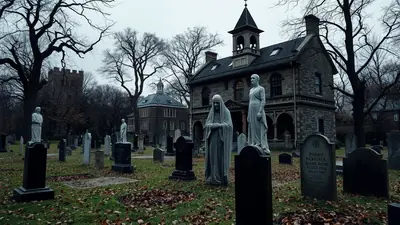 A somber cemetery scene with weathered tombstones and statues under a cloudy sky, with a gothic-style building in the background.