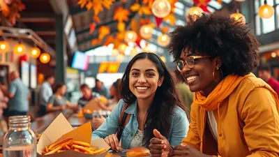 Two young women, one with dark curly hair and glasses wearing a yellow jacket, and another with long dark hair wearing a denim jacket, are smiling and enjoying a meal together at a restaurant. French fries and a burger are visible on the table, and the background shows a lively dining atmosphere with other patrons and decorative lights.