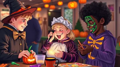 Three children in Halloween costumes are gathered around a table, engaged in Halloween-themed activities. On the left, a boy in a witch costume carves a small pumpkin. In the center, a girl dressed as a maid is applying makeup or face paint. On the right, a child with elaborate green face paint is holding a marker, possibly drawing or coloring.