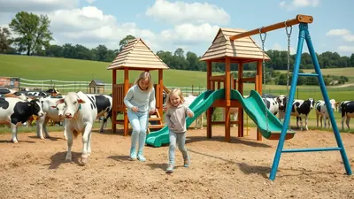 Two young girls are playing on a playground with a swing set and slide, while several cows graze in the background on a sunny day.