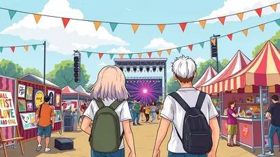 Two young people with backpacks walk towards a stage at an outdoor festival, with food stalls and art vendors lining the path.