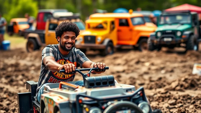 A smiling Black man with an afro is driving a small, toy-like off-road vehicle through a muddy track. In the background, several colorful off-road vehicles, including yellow and green Jeeps, are parked or driving in the dirt.