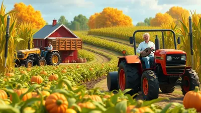 An elderly man drives a red tractor through a pumpkin patch, with a barn and another tractor in the background, under a bright autumn sky.