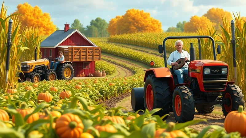 An elderly man drives a red tractor through a pumpkin patch, with a barn and another tractor in the background, under a bright autumn sky.