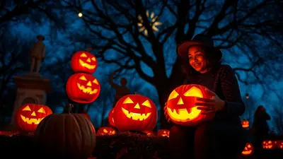 A young woman wearing a hat smiles as she holds a glowing jack-o'-lantern in a park at night, surrounded by many other carved pumpkins and silhouetted figures.