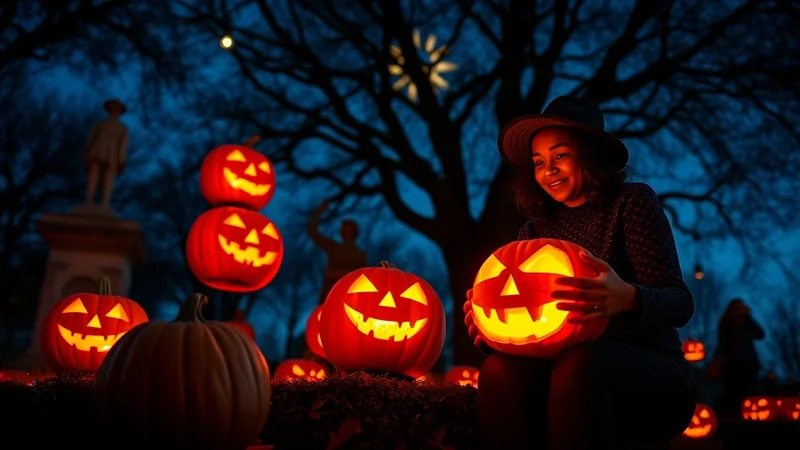 A young woman wearing a hat smiles as she holds a glowing jack-o'-lantern in a park at night, surrounded by many other carved pumpkins and silhouetted figures.
