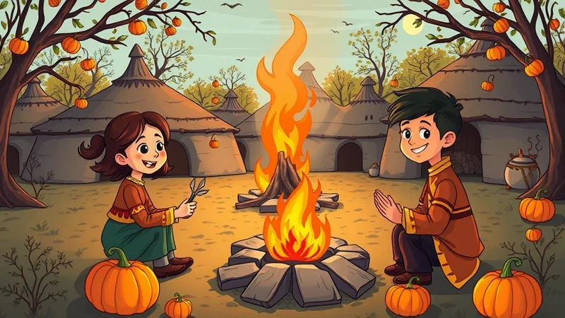 A young boy and girl are sitting around a campfire in a village setting, with pumpkins scattered around and huts in the background.