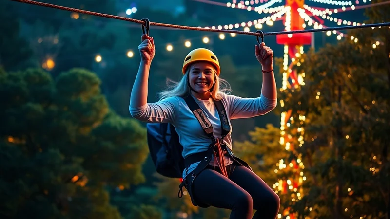 A smiling young woman with blonde hair, wearing a yellow helmet and a grey long-sleeved shirt, is zip-lining at night. She is harnessed and holding onto the zip line cables with both hands, looking at the camera with a joyful expression. The background is dark with blurred colorful lights, suggesting an amusement park or festival setting.