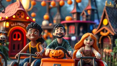 Three cartoon characters, two children and one adult, ride in a Halloween-themed amusement park ride with spooky buildings and pumpkins in the background.