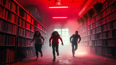 Three people are running down a dimly lit library aisle with red lighting and smoke. The person in the middle is wearing a red shirt and has their mouth open in a scream, while the other two people are looking back with fearful expressions.