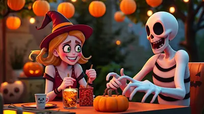 A cartoon witch and a skeleton sit at a table outdoors at night, surrounded by Halloween decorations like pumpkins and string lights. The witch is smiling and holding a drink, while the skeleton gestures with its hands.