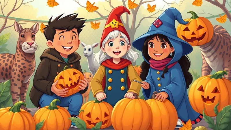 Three children in Halloween costumes, two holding carved pumpkins, stand with various animals including a leopard and a goat, surrounded by pumpkins and autumn leaves.