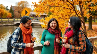 Three young women in colorful autumn clothing are smiling and holding drinks on a wooden deck overlooking a river, with vibrant yellow fall foliage in the background.
