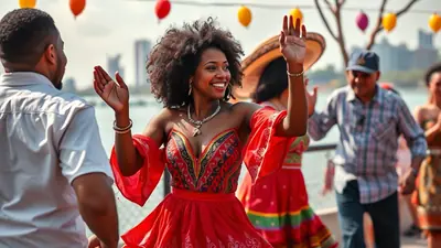 A group of people in colorful attire are dancing and celebrating outdoors, with balloons in the background. A woman in a vibrant red dress with intricate patterns is smiling and waving, appearing to be the center of attention.