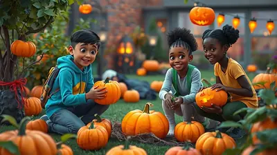 Three happy children, two Black girls and one Asian boy, are crouching in a yard filled with pumpkins and Halloween decorations, preparing for the holiday.