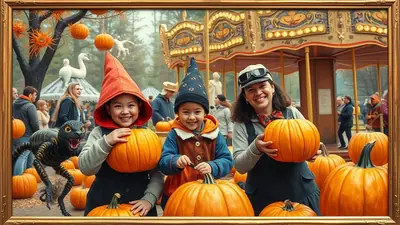 A family of three, two children and an adult, dressed in Halloween costumes and holding pumpkins in front of a carousel at a fall festival.