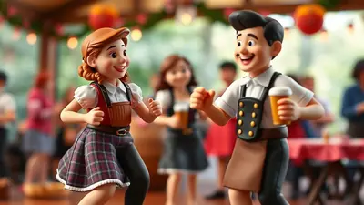 A cartoon couple in traditional Bavarian clothing, a woman in a dirndl and a man in lederhosen, are dancing and smiling at a festival, with a beer in the man's hand and other people blurred in the background.