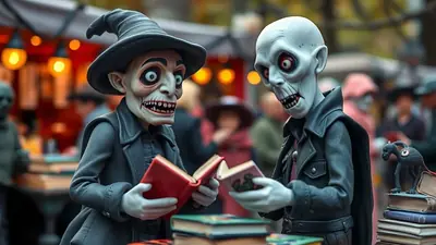 Two stylized, cartoonish monsters, one wearing a witch hat, are looking at open books at an outdoor market stall, with other blurred figures and stalls in the background.