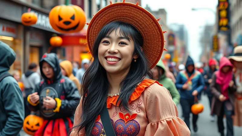 A young Asian woman wearing a straw hat and a festive orange and purple outfit smiles broadly while walking in a Halloween parade. Large jack-o'-lantern decorations hang overhead, and other people in costumes are visible in the blurred background.