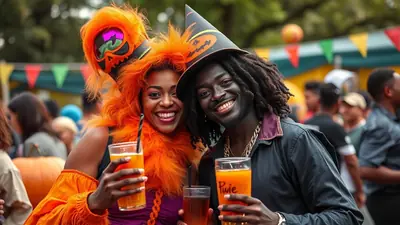A smiling Black couple dressed in Halloween costumes, holding drinks at an outdoor event. The woman has bright orange hair and a pumpkin-themed headdress, while the man wears a witch hat.