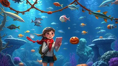 A young girl with a red scarf and backpack holds a pink tablet underwater, surrounded by various fish and Halloween decorations like jack-o'-lanterns and pumpkins.