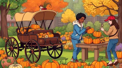 Two women are selecting pumpkins from a large harvest display in a park-like setting with autumn foliage. A horse-drawn carriage filled with pumpkins is parked nearby, and a small child peeks over the carriage canopy.