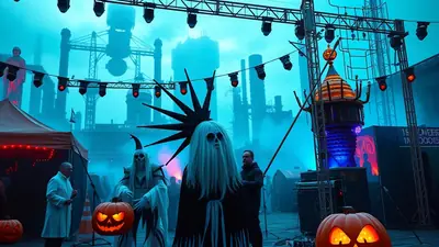 A group of people in Halloween costumes, including a ghost and a skeleton, stand in front of a stage with industrial buildings in the background, illuminated by blue and orange lights.