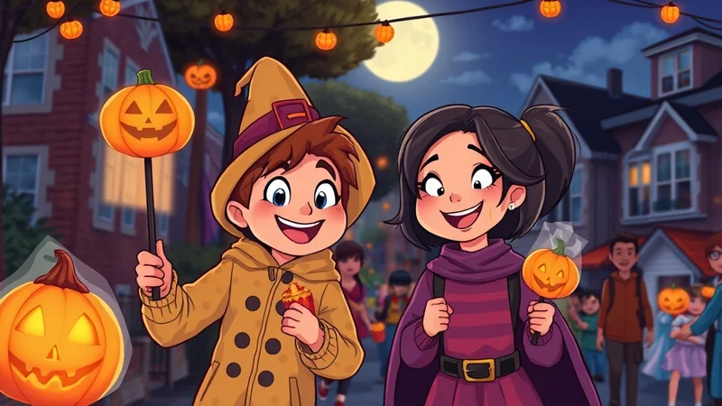Two children, a boy in a witch hat and a girl with a purple cloak, are smiling and holding jack-o'-lanterns on sticks during a Halloween night. They are walking down a street lined with houses decorated for Halloween, with string lights and a full moon in the background.