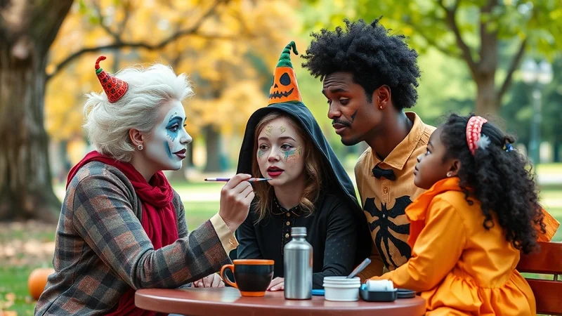 A diverse group of four people, dressed in Halloween costumes and face paint, are gathered around a table outdoors. One person is applying face paint to another, while a child watches intently. The scene is set in a park with autumn foliage in the background, creating a festive and slightly spooky atmosphere.