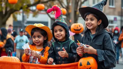 Three young children in Halloween costumes smile and hold candy while standing behind a table decorated with pumpkins and orange fabric.