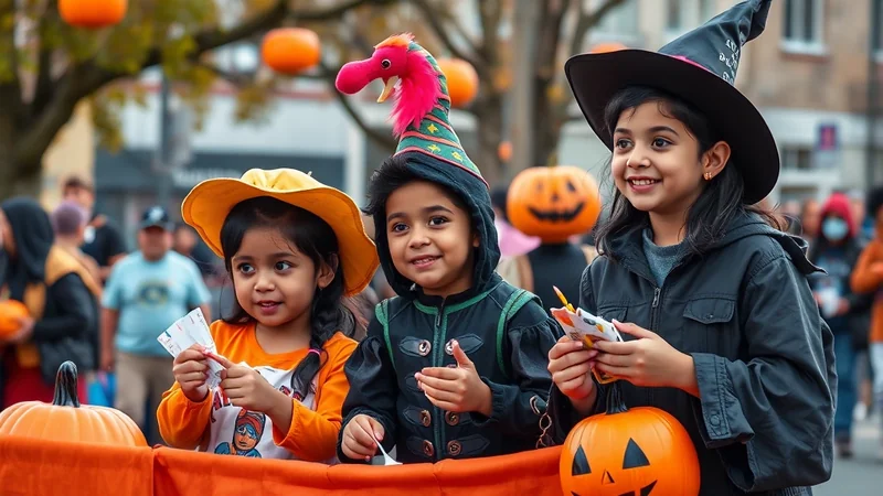 Three young children in Halloween costumes smile and hold candy while standing behind a table decorated with pumpkins and orange fabric.