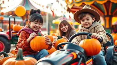 Three smiling children, two girls and a boy wearing a hat, sit in a toy tractor surrounded by pumpkins at a fall festival.